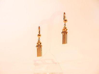 Pair of 18 karat yellow gold pendant earrings,...
