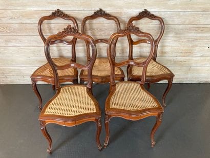 Suite of five Louis XV style caned chairs,...