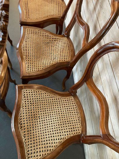 Suite of five Louis XV style caned chairs,...