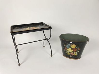 Oval basket and small rectangular table with...