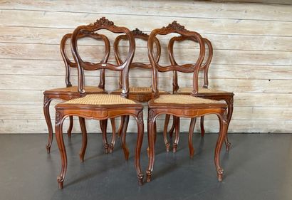 Suite of five Louis XV style caned chairs,...