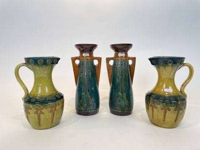 Pair of ringed vases and a pair of pitchers,...