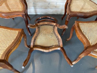 Suite of five Louis XV style caned chairs,...