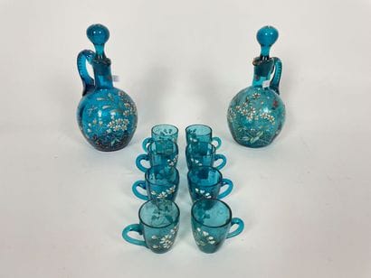 Liqueur service with polychrome floral decoration...