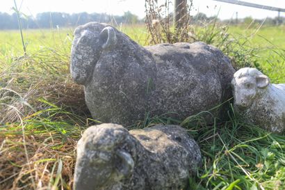 Ensemble de trois moutons en pierre, un grand,...
