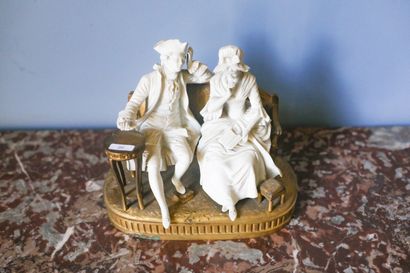 LAGNEAU, groupe en bronze doré et biscuit...
