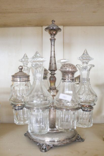 Porte-condiments en métal argenté avec flacons,...