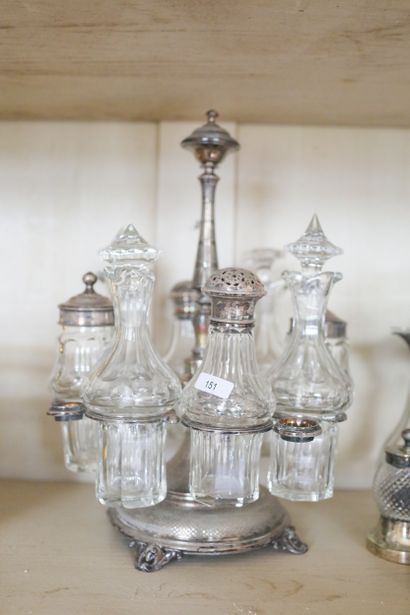 Porte-condiments en métal argenté avec flacons,...