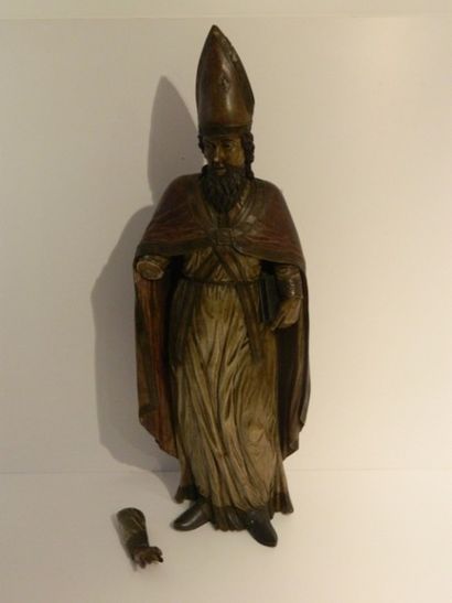 Saint mitré debout, XIXe, sujet en bois sculpté...