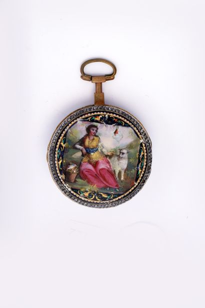 Gilt brass verge watch with polychrome enamel...