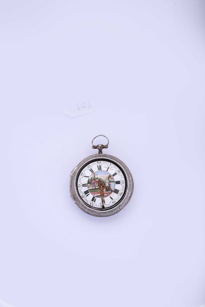 Silver yard watch with decorated dial marked...