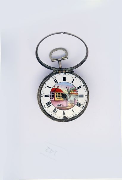 Silver yard watch with decorated dial marked...