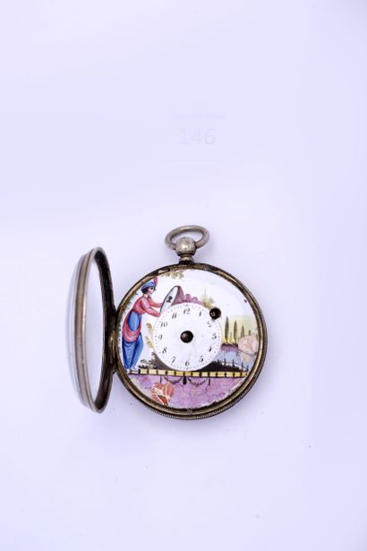 Silver watch, the dial representing a young...
