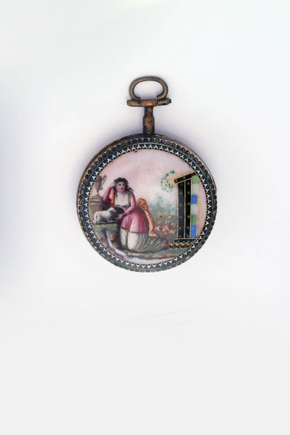 Gilt brass verge watch with enameled case...