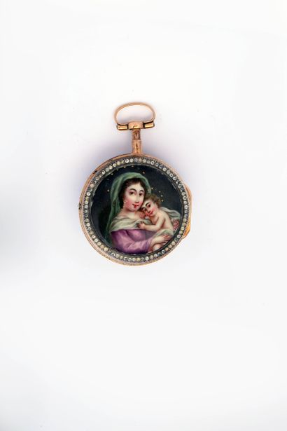 Enameled gold double-cased verge watch signed...