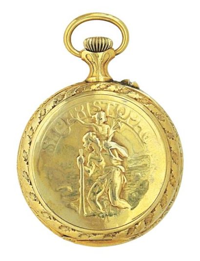 Montre à ancre en laiton doré avec décor...