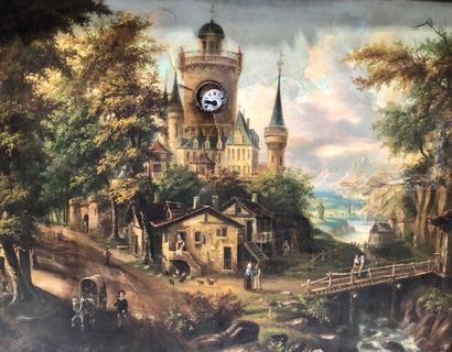Tableau-horloge Genevois orné d'une huile...
