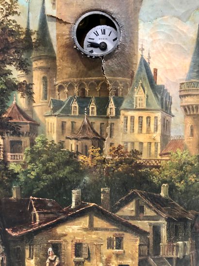 Tableau-horloge Genevois orné d'une huile...