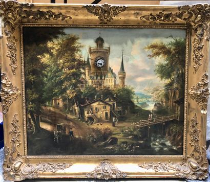 Tableau-horloge Genevois orné d'une huile...