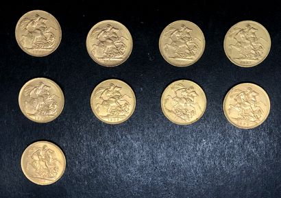ANGLETERRE
Lot de 9 Souverains:
-5 pièces...