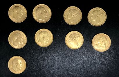 ANGLETERRE
Lot de 9 Souverains:
-5 pièces...