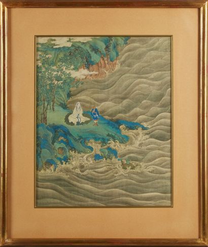 Deux peintures en polychromie sur soie, représentant...