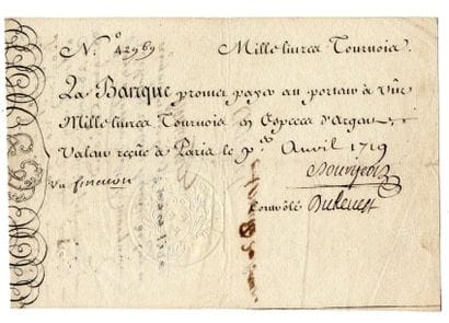 BANQUE ROYALE de LAW. Billet gravé de 1000...