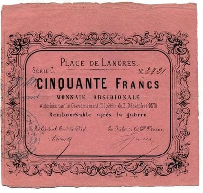 LANGRES. Billet obsidional rose de 50 f....