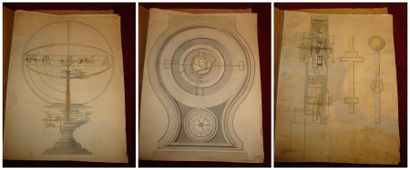 Suite de cinq dessins (plume et gouache sur...