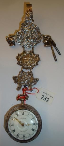 Montre à verge en argent, avec châtelaine,...