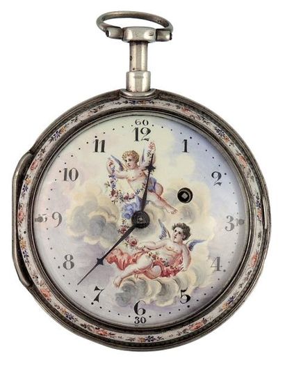 Montre à verge en argent émaillé à répétition...