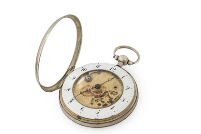 MONTRE à verge en argent demi-squelette signée...