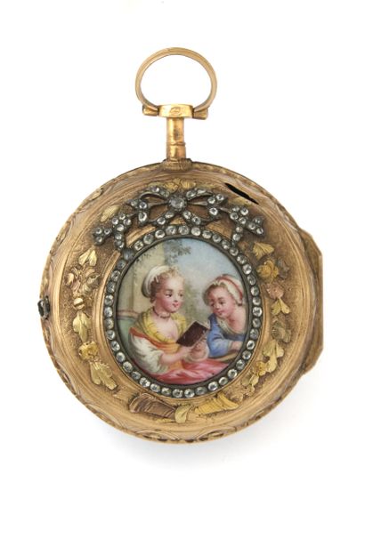 MONTRE à verge en or émaillé (pb. 46 g) signée...