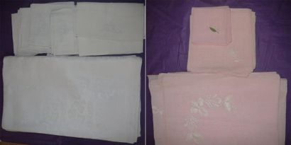 Une nappe rose, broderies blanches, l: 1m85...