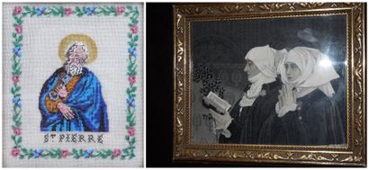 Deux pièces encadrées: une broderie de perles...
