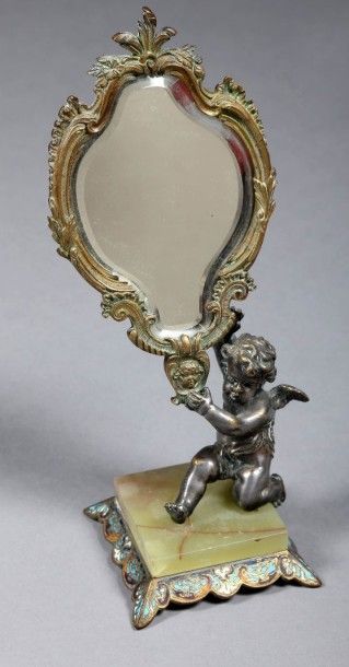 Petit miroir en bronze argenté et bronze...