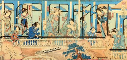 KUNICHIKA (1835-1900)
Trois triptyques d'estampes,...