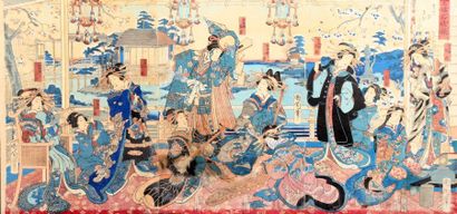 KUNICHIKA (1835-1900)
Trois triptyques d'estampes,...