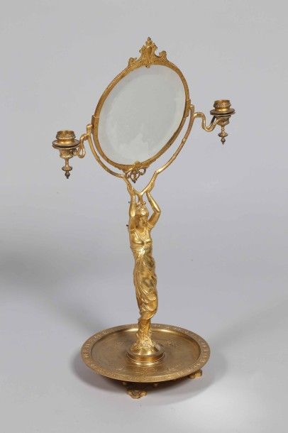 Miroir de toilette. Psyché en bronze finement...
