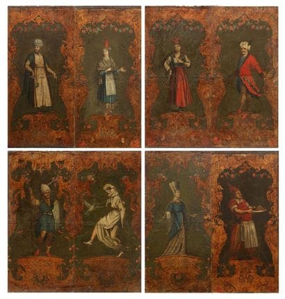 Rare ensemble de dix panneaux ou pare-closes...