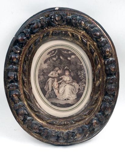 La Famille. Gravure ovale, cadre du XVIIIème...