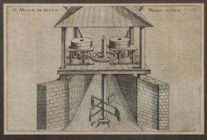 Gravure sur cuivre d'un moulin à eau tiré...