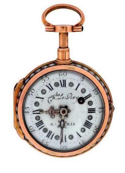 Montre de col à verge en or émaillé à répétition...