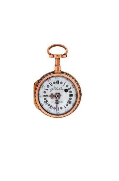 Montre de col à verge en or émaillé à répétition...