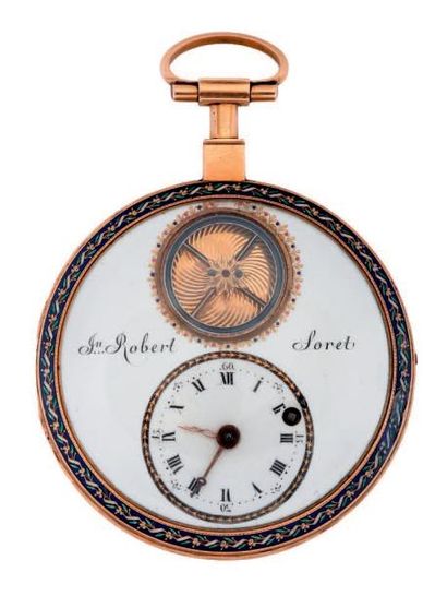 Montre à verge en or émaillé avec balancier...