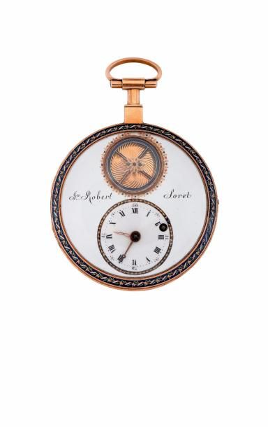 Montre à verge en or émaillé avec balancier...