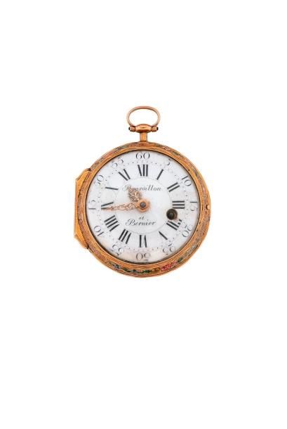 Montre à verge en or émaillé signée 'Bourdillon...