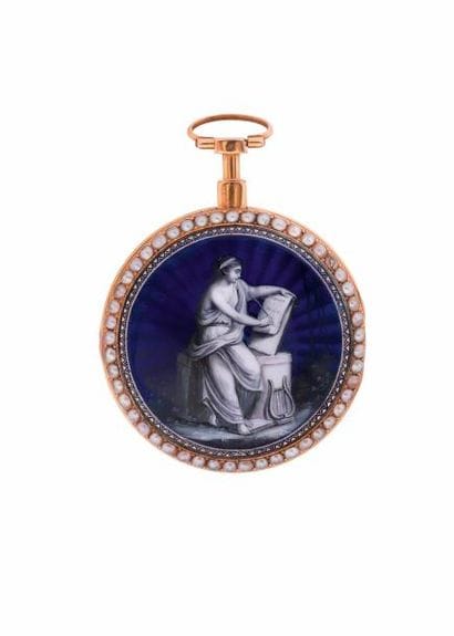 Montre à verge en or émaillé signée 'Jan...