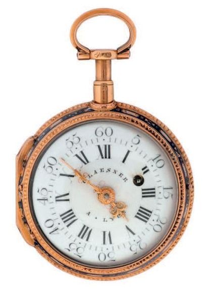 Montre à verge en or émaillé à répétition...