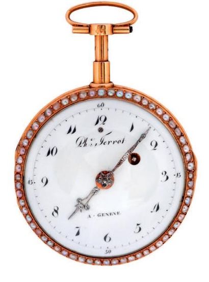 Montre à verge en or émaillé à répétition...